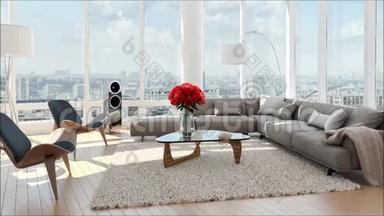 现代明亮的<strong>内部</strong>公寓客厅配有沙发3D渲染插图